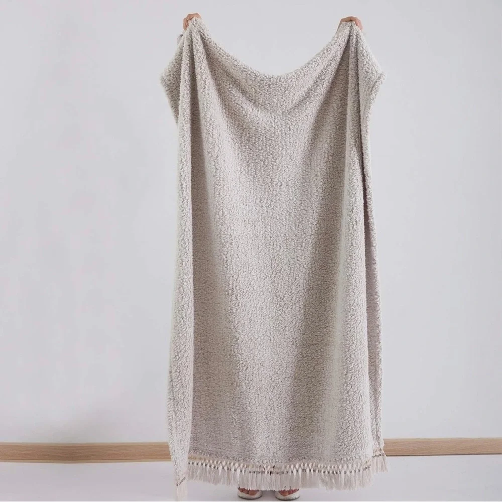 NEW West Elm Beige Sherpa Tassel Fringe Boho Cozy Knit Throw Blanket - 50